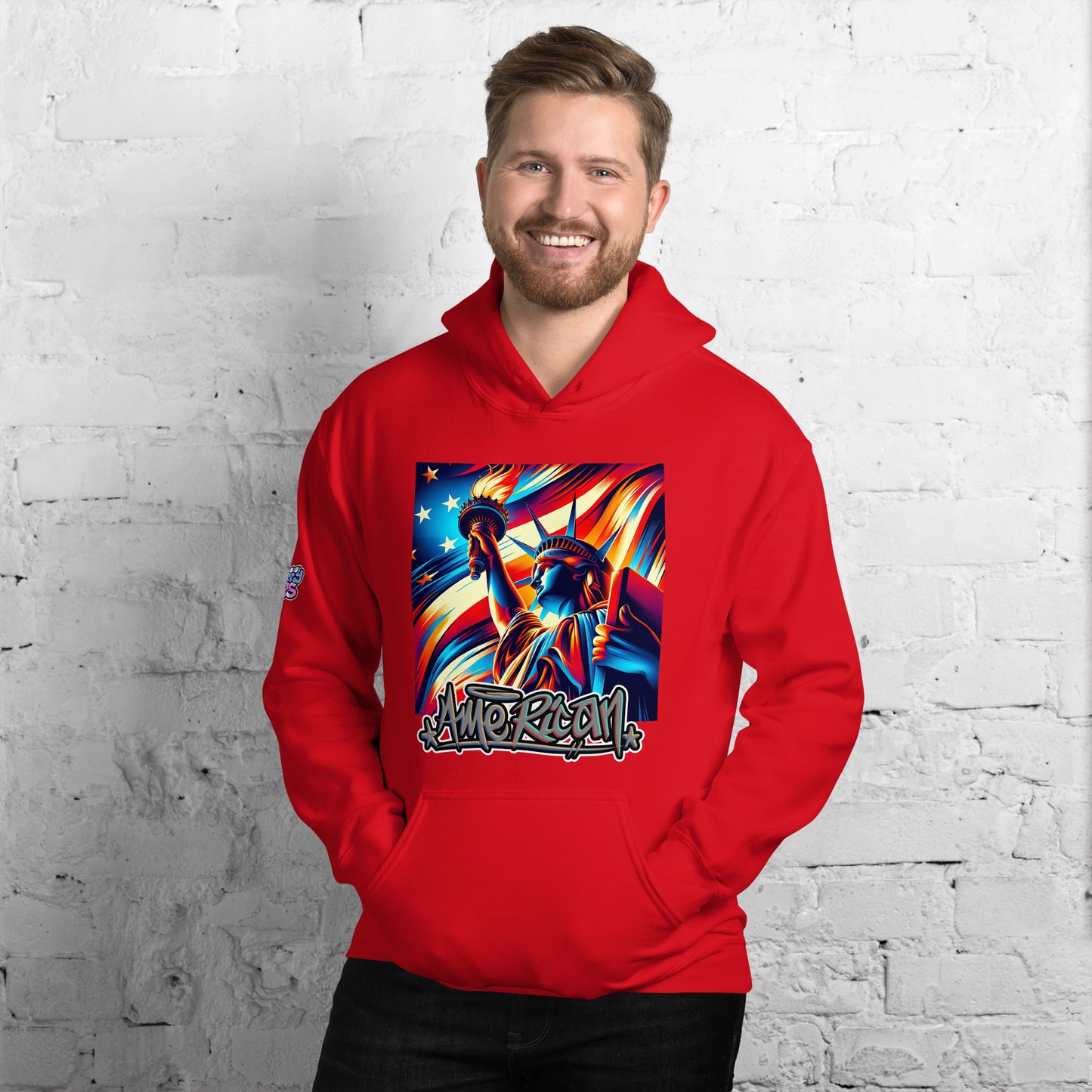 Graffytees American flag and Statue of Liberty 4th of July Unisex Hoodie