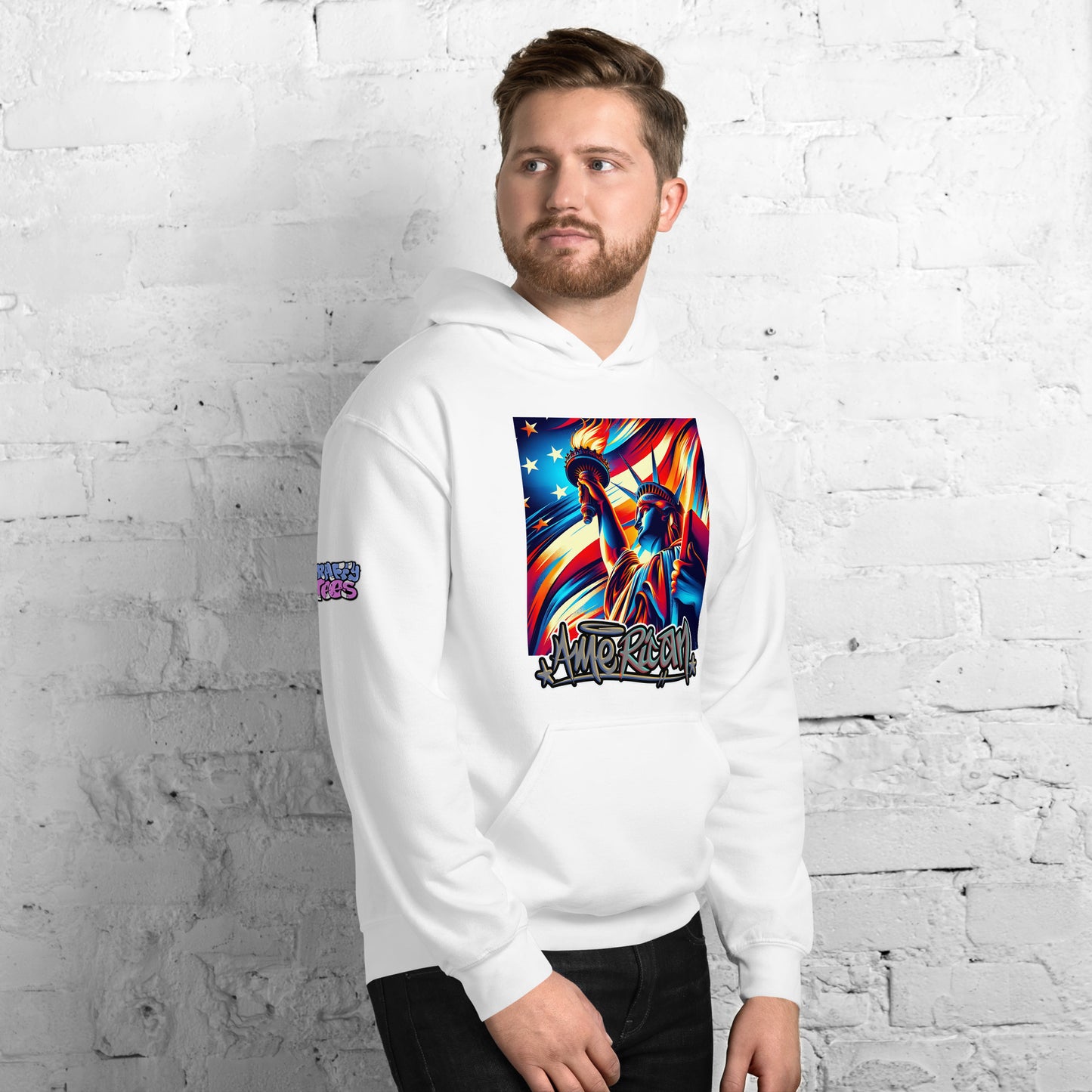 Graffytees American flag and Statue of Liberty 4th of July Unisex Hoodie