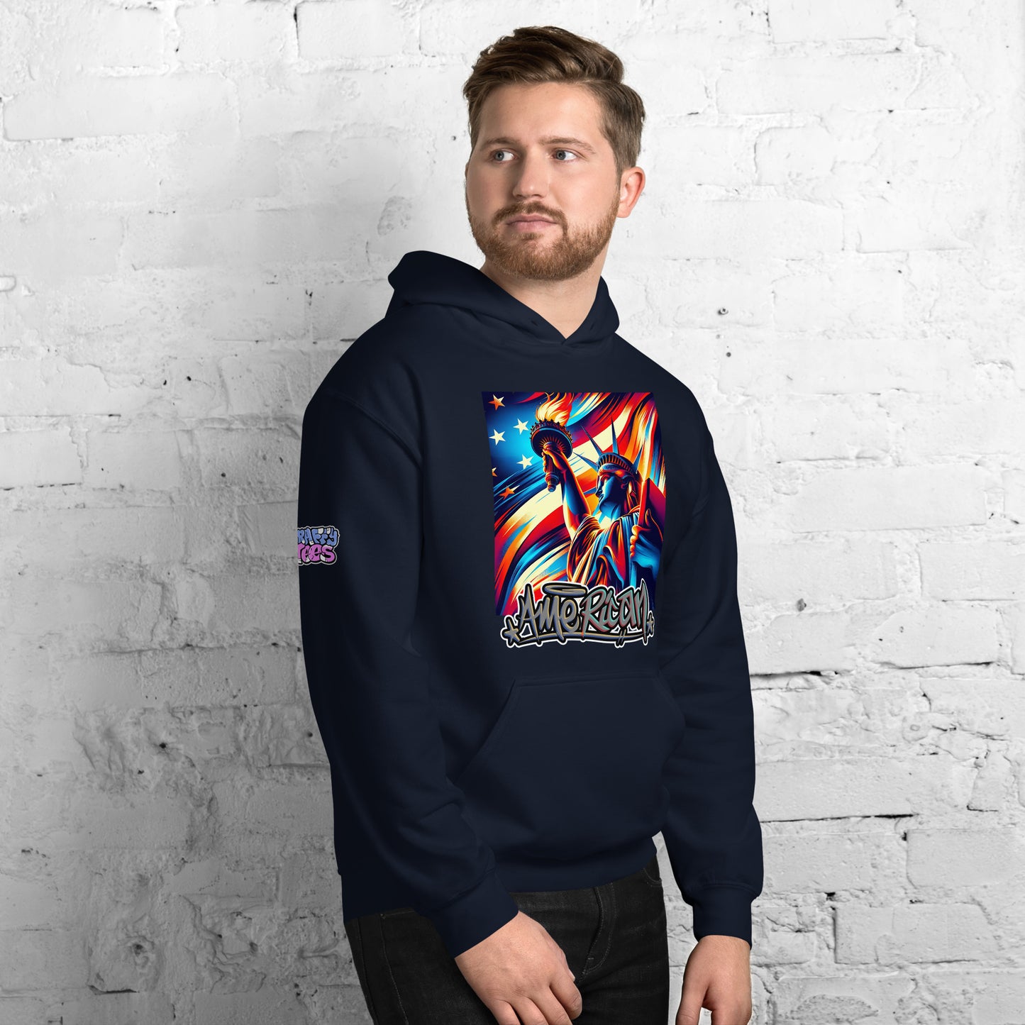 Graffytees American flag and Statue of Liberty 4th of July Unisex Hoodie