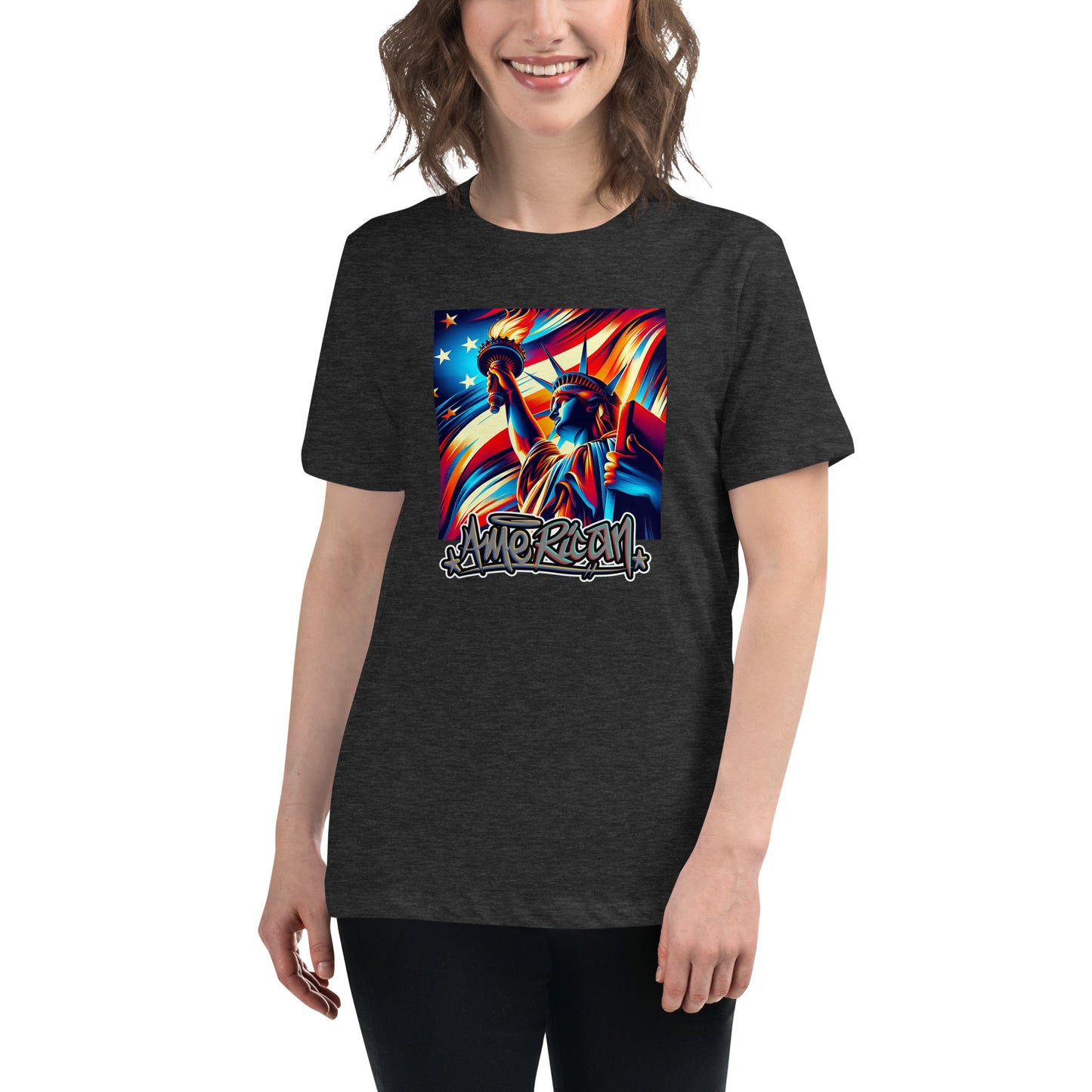 Graffytees American flag and Statue of Liberty July 4th Women's Relaxed T-Shirt