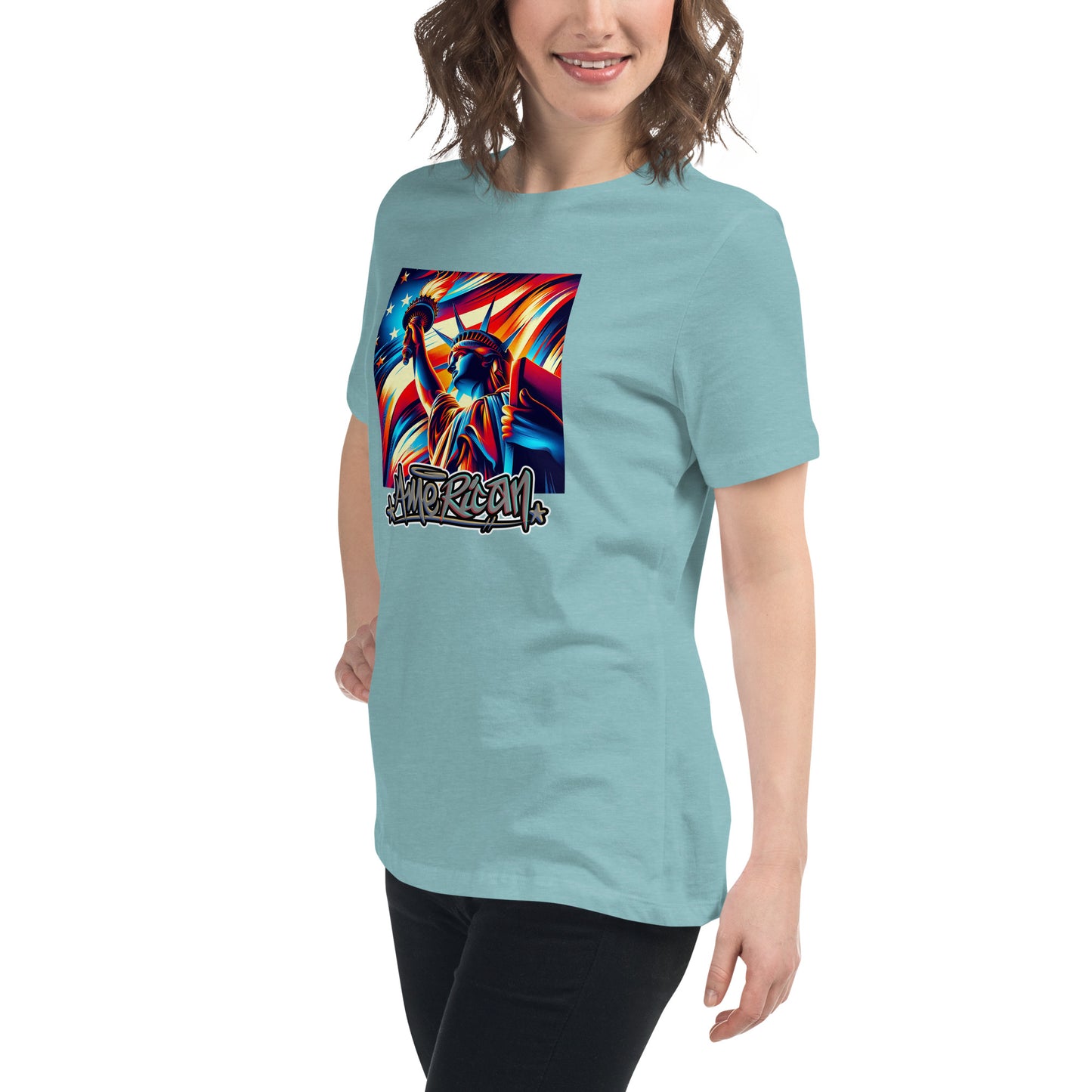 Graffytees American flag and Statue of Liberty July 4th Women's Relaxed T-Shirt