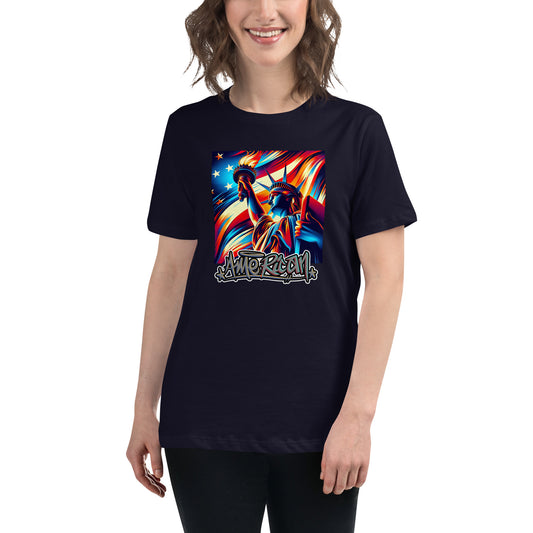 Graffytees American flag and Statue of Liberty July 4th Women's Relaxed T-Shirt