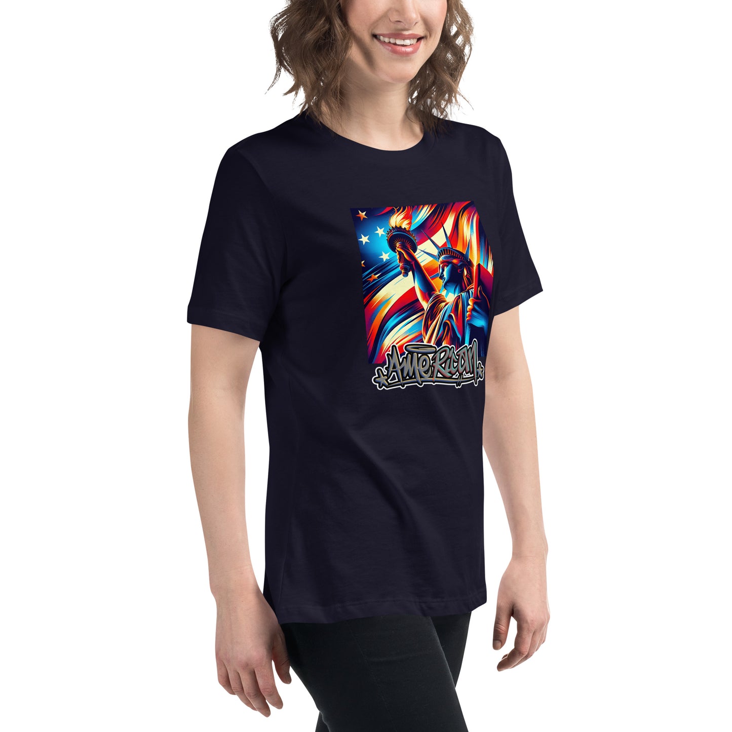 Graffytees American flag and Statue of Liberty July 4th Women's Relaxed T-Shirt