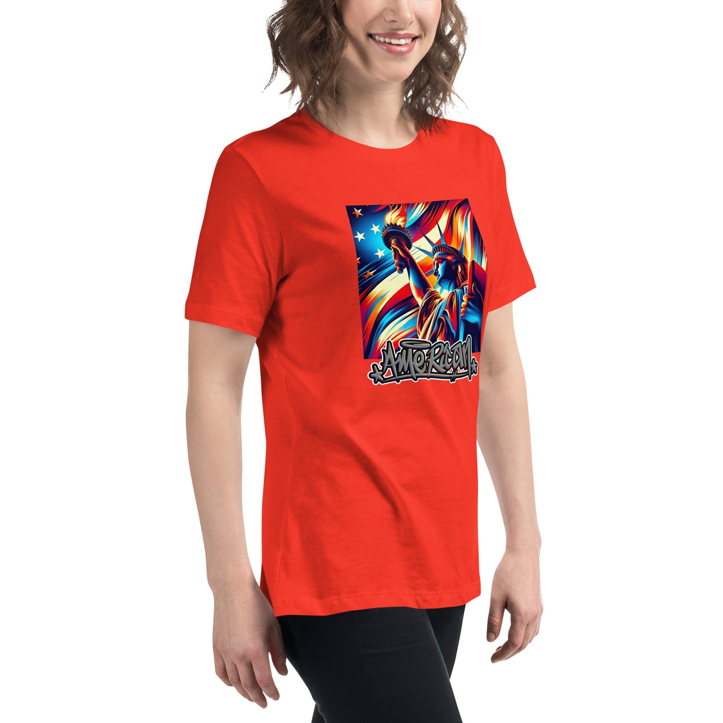 Graffytees American flag and Statue of Liberty July 4th Women's Relaxed T-Shirt