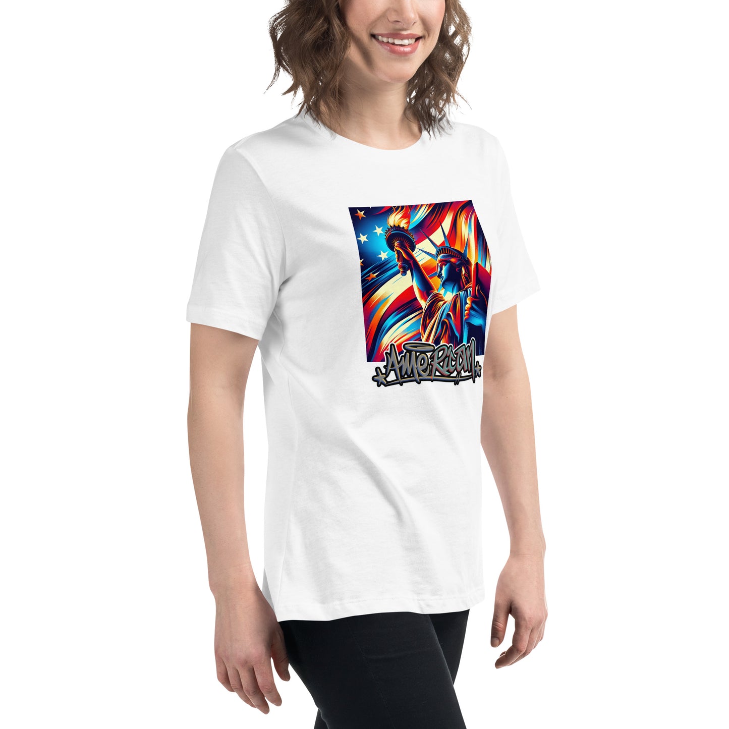 Graffytees American flag and Statue of Liberty July 4th Women's Relaxed T-Shirt